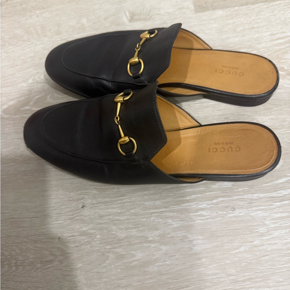 Gucci Black Leather Horsebit Backless Loafers with Gold Horsebit